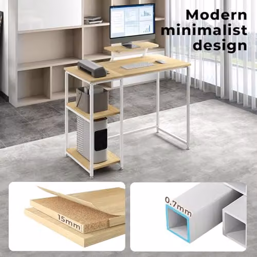 Levede Modern Computer Desk with Monitor Stand and Storage Shelves, Oak and White, W/D/H: 100 x 50 x 76 cm – 4