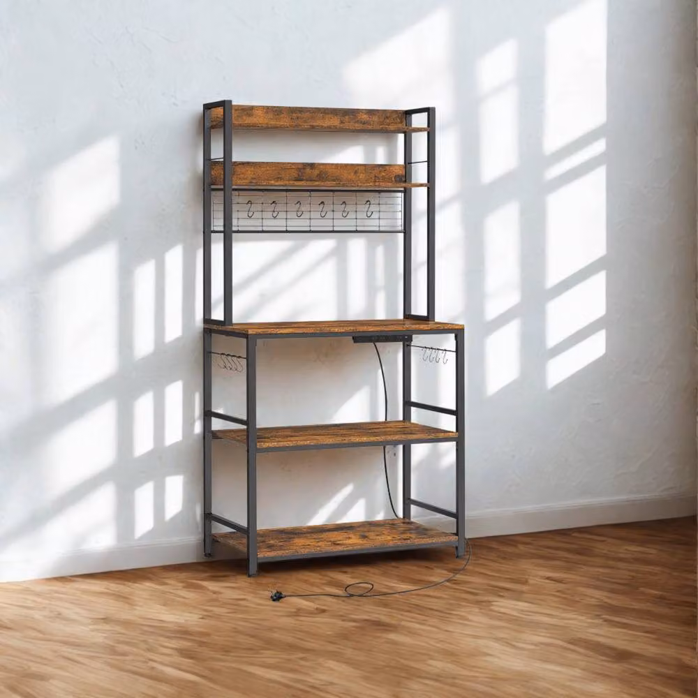 Pirlo Plush Industrial 5 Tier Smart Kitchen Bakers Rack with Power Outlets in Brown and Black – 2