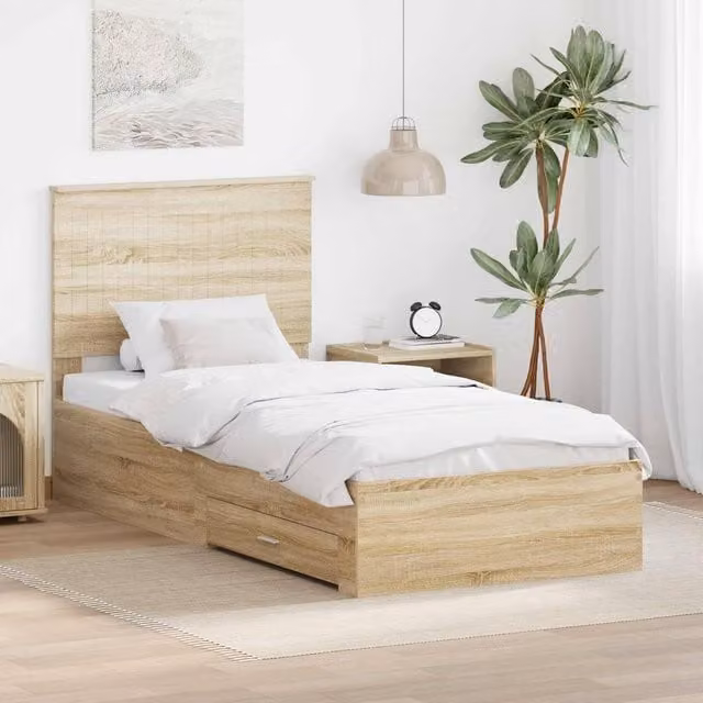 Berkfield Home Sonoma Oak Bed Frame with Headboard in Brown, W/D/H: 90 x 200 cm