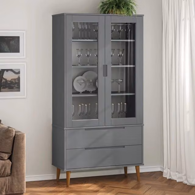 Berkfield Home MOLDE Vitrine Cabinet in Grey Solid Wood Pine with Glass Doors, W/D/H: 90 x 35 x 175 cm – 1