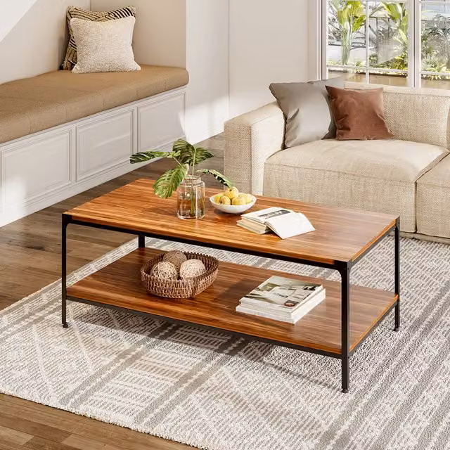 Komore Industrial Rectangular 2-Tier Metal Coffee Table in Brown and Black