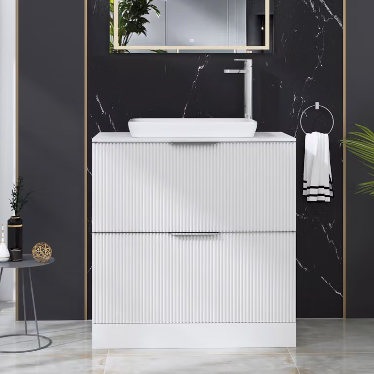 Royal Bathrooms Evora 800mm Matt White Fluted Floor Standing Countertop Vanity Unit with 2 Drawers and Qubix Basin