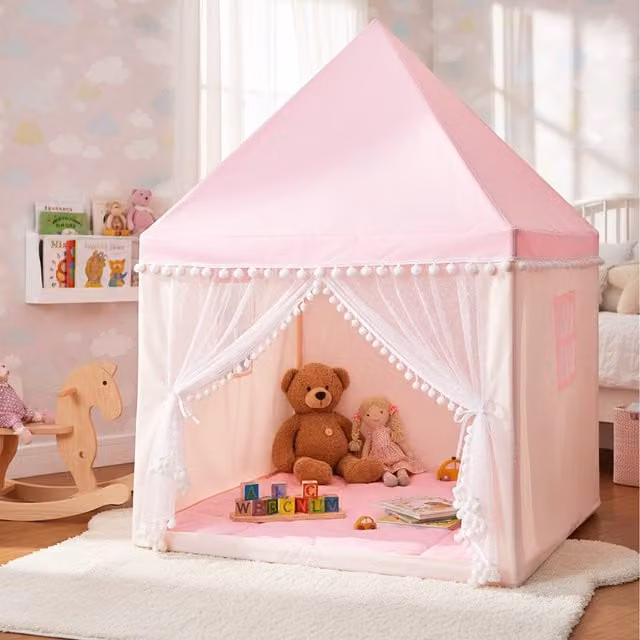 Costway Pink Kids Play Tent with Wood and Washable Textile