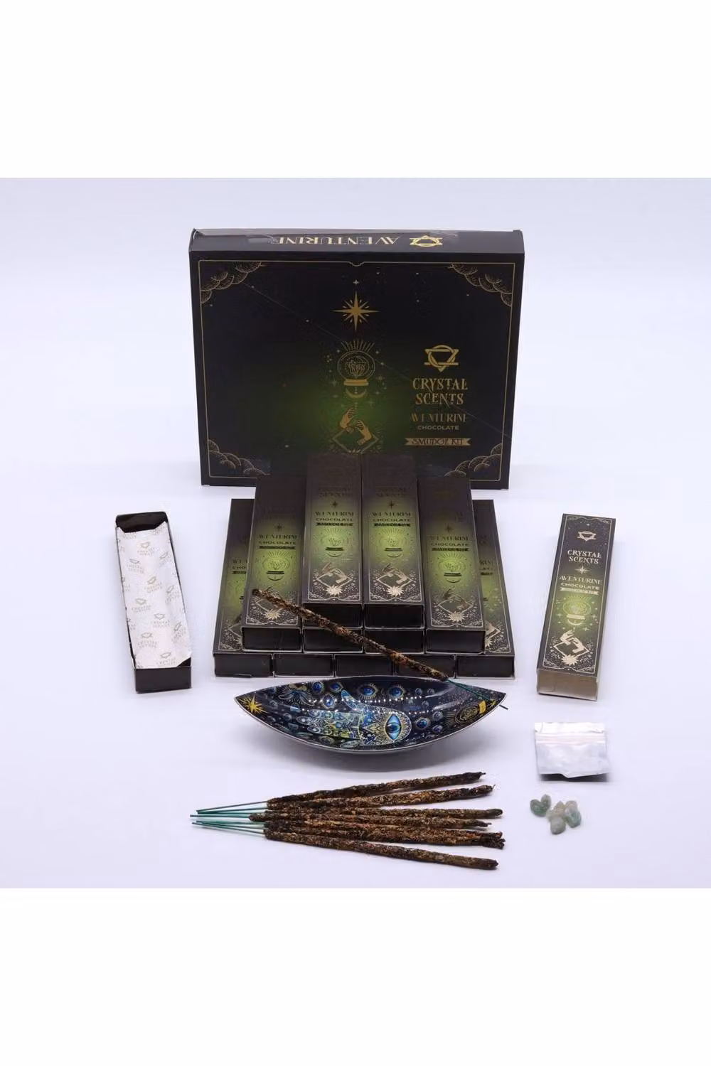 KDMD Aventurine Crystal and Chocolate Smudge Incense Set in Brown and Green – 2