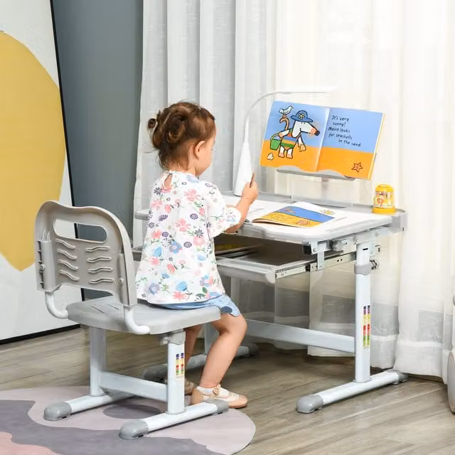 HOMCOM Height Adjustable Kids Study Desk and Chair Set with USB Lamp in Grey