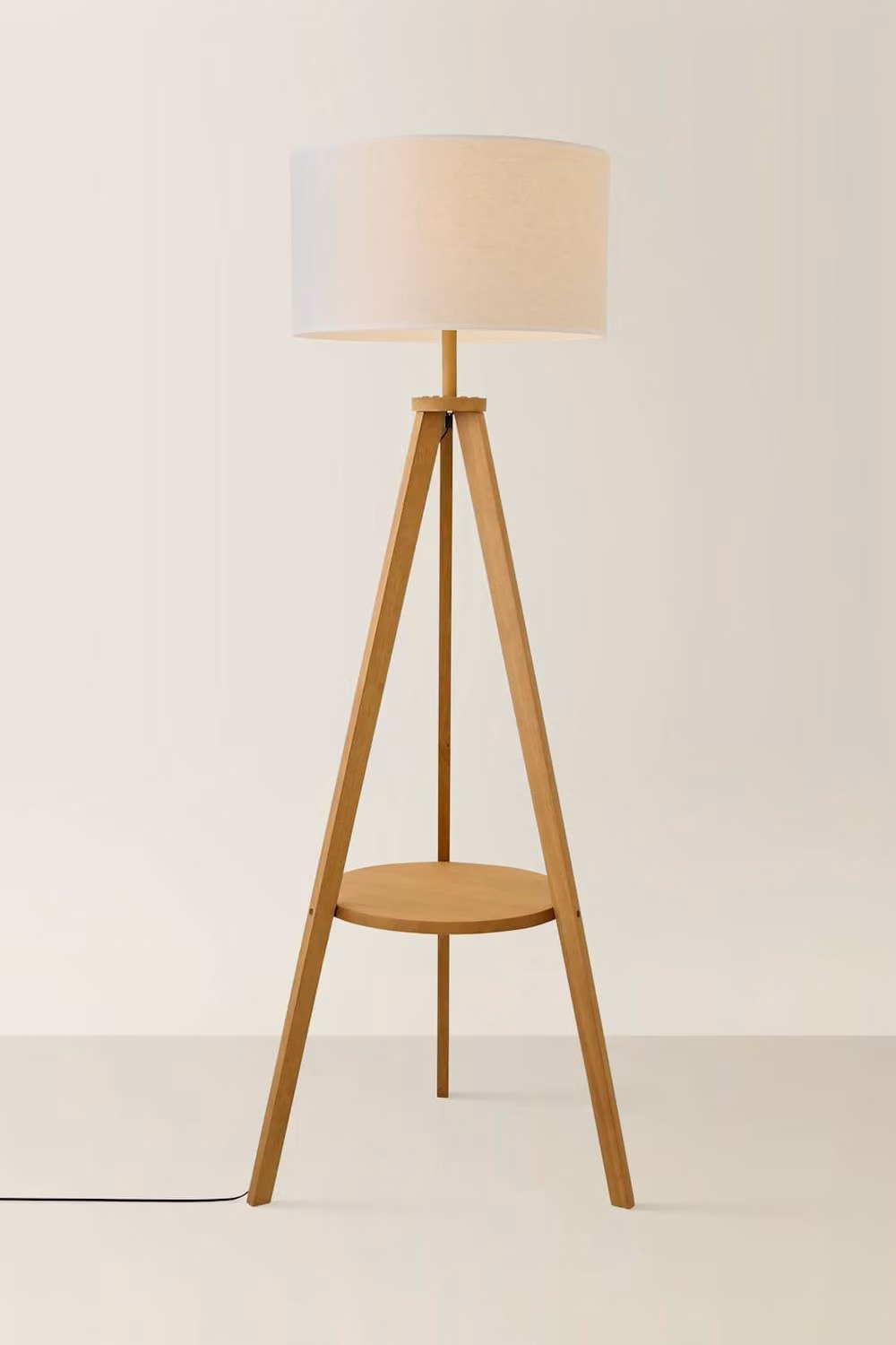 ValueLights Morrigan Vintage Wood Tripod Floor Lamp with Beige Fabric Cylinder Shade – 2
