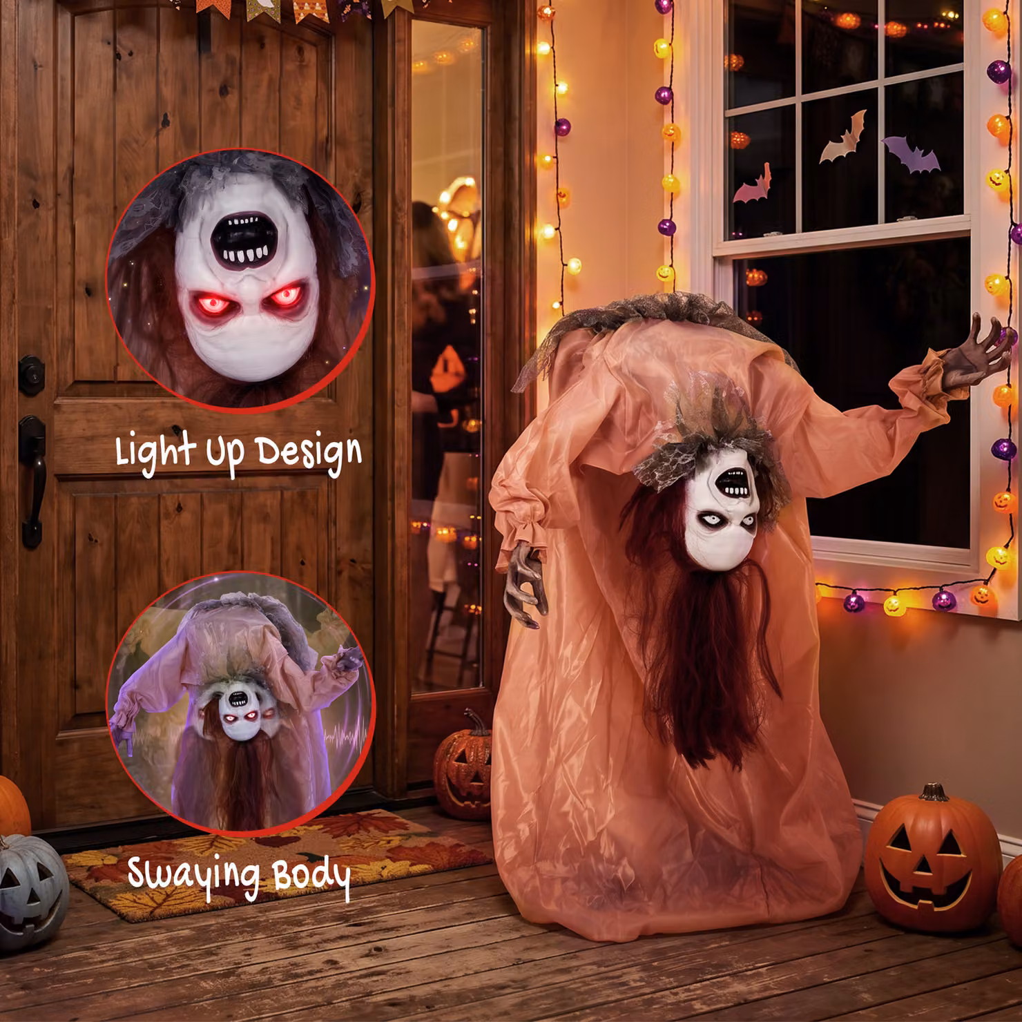 HOMCOM Animated Halloween Ghost Animatronics with Creepy Screams, Glowing Eyes and Sound/Touch Activation in White, Brown and Red – 3