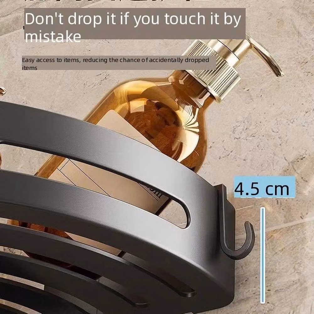 VOGREX Black Matt Aluminium Corner Shower Shelf with Suction Cup Wall Mount and Drainage – 3