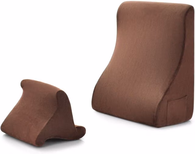 Costway 4 in 1 Brown Velvet Bed Wedge Pillow with Tablet Stand and Side Pockets, High Resilience Foam