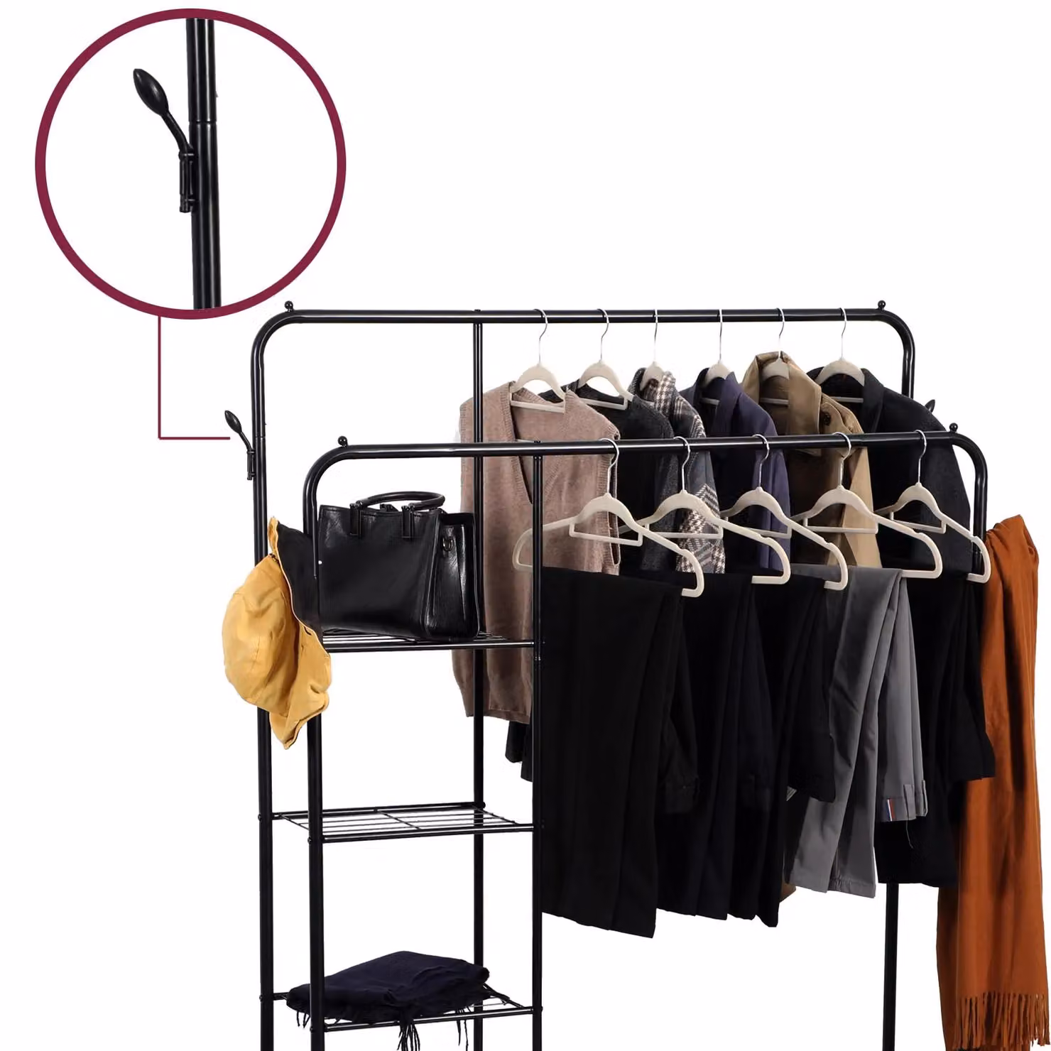 House of Home Heavy Duty Double Clothes Rail with 2 Shoe Racks, 3 Shelves and 4 Hooks in Black, H 169 x W 118 x D 34 cm – 3