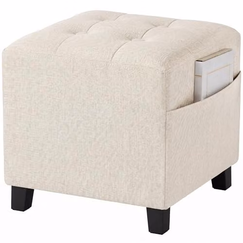 HOMCOM Square Fabric Ottoman with Side Pocket in Beige, W/D/H: 35 x 35 x 35 cm – 1