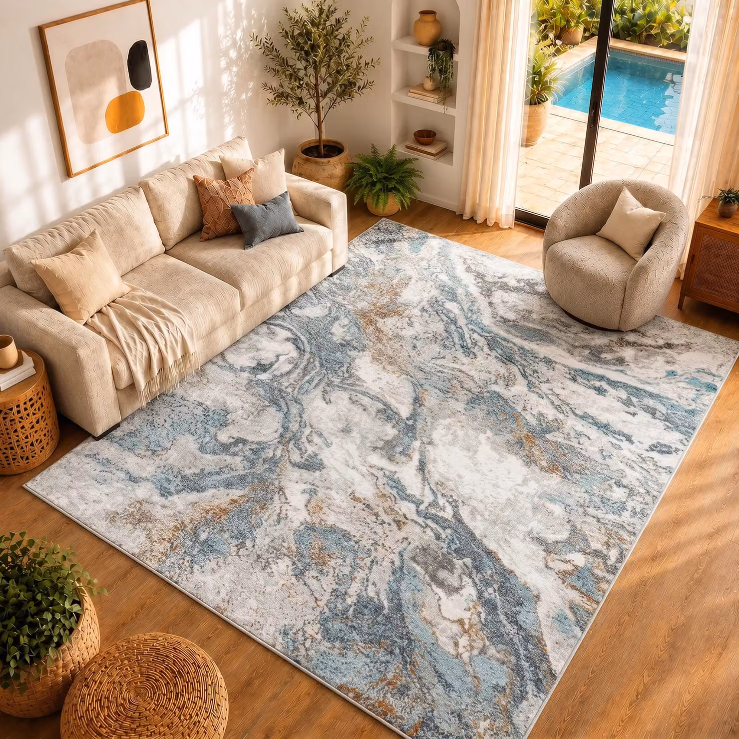 Livabliss San Francisco Abstract Modern Marble Rug in Blue, W: 200 cm, D: 275 cm – 4