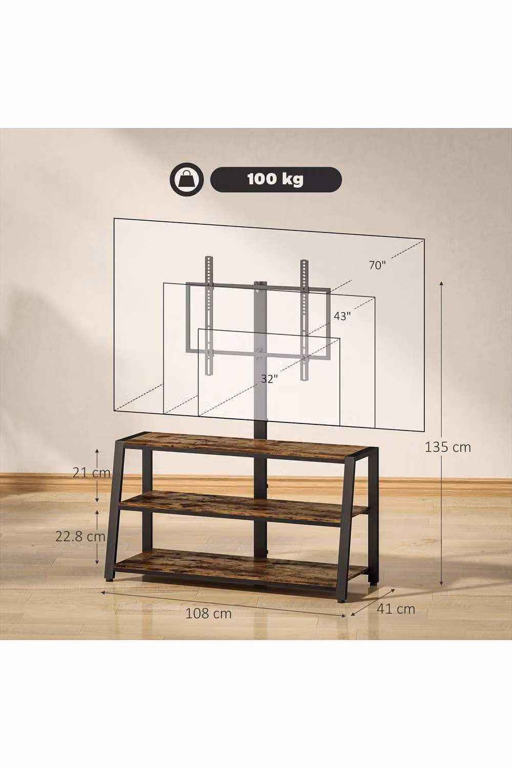 ERGOVEXA Industrial-Style TV Stand with 35 Degree Swivel Bracket in Rustic Brown and Black – 2