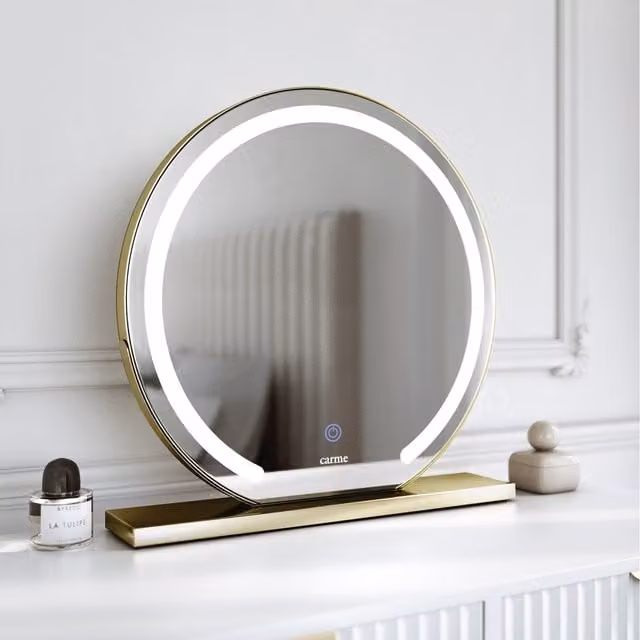 CARME Eden Gold Round Tabletop LED Light Mirror with Touch Sensor and Dimmable Function, Yellow