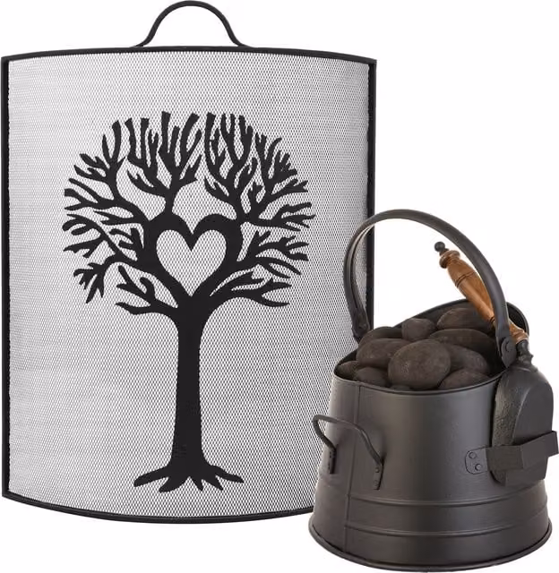 Dibor Traditional Tree Fire Screen and Fireguard with Black Coal Bucket and Shovel, Black, H: 67 cm, W: 53 cm – 1