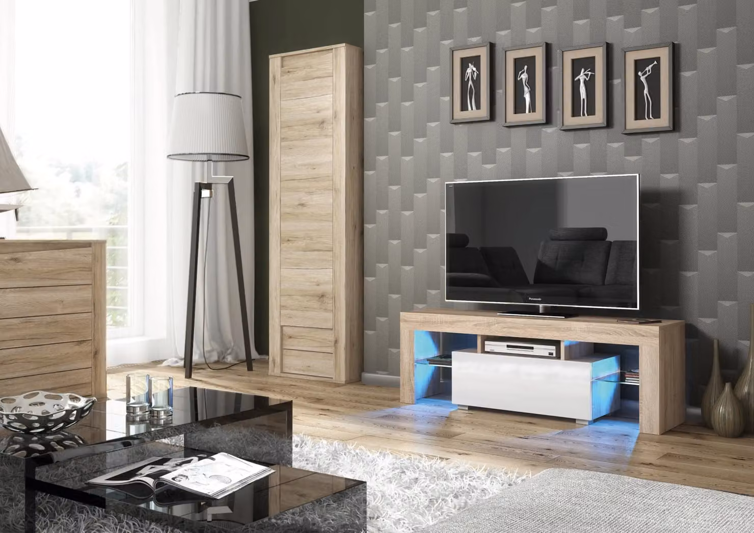 Mex Furniture LTD Modern Glossy TV Unit with LED Lighting in Light Oak, W: 130 cm, D: 35 cm, H: 45 cm – 3