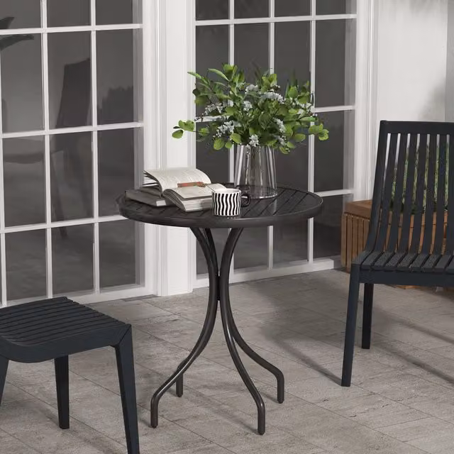 Outsunny Round Garden Side Table with Slat Tabletop in Black