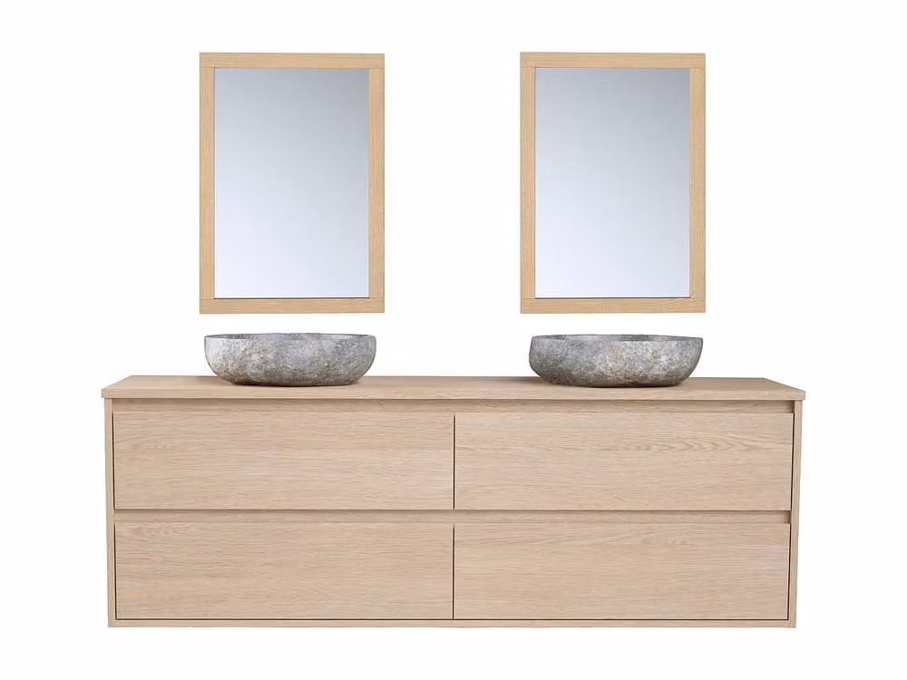 MILIPAM Vente-unique Bathroom Vanity Unit with Double Stone Basin and Mirror in Light Oak, W/D/H: 150 x 45 x 50 cm – 2