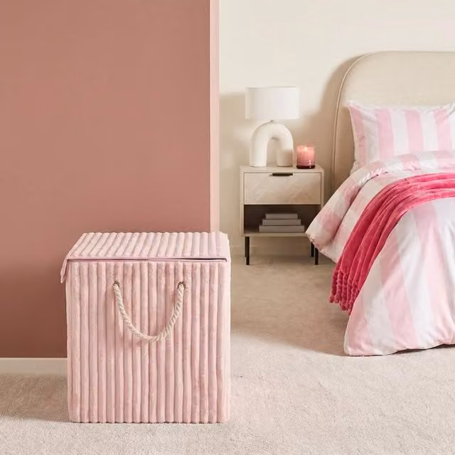 OHS Ribbed Faux Fur Folding Laundry Basket with Lid and Handles, Pink – 1
