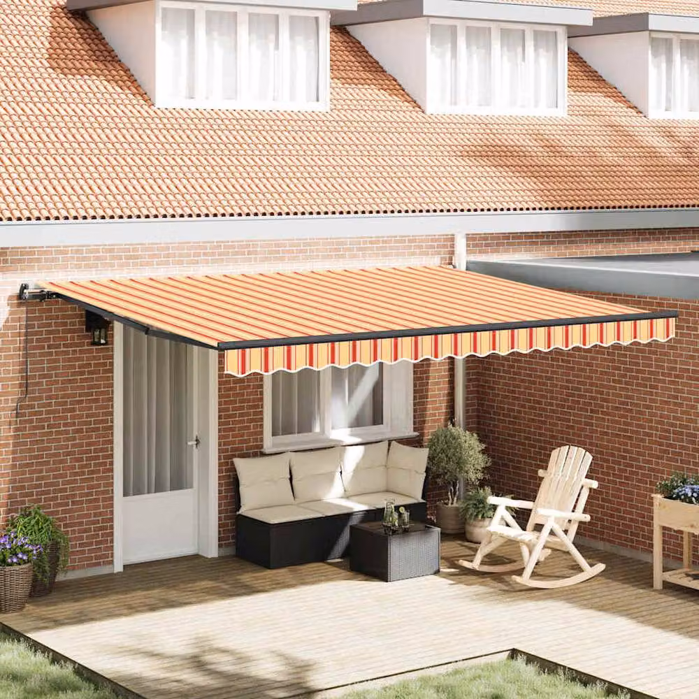 Berkfield Home Manual Retractable Folding Arm Awning in Yellow and Orange Striped Acrylic Fabric, W: 450 cm, D: 350 cm – 2