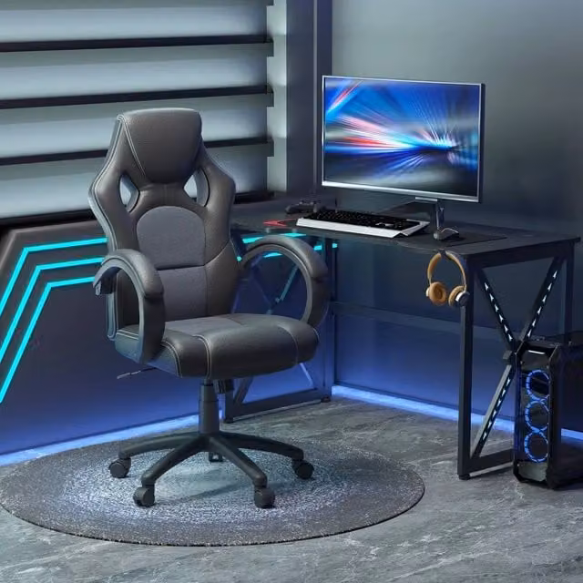 FORGEVIO Executive Racing Swivel Gaming Office Chair in Black Synthetic Leather – 1
