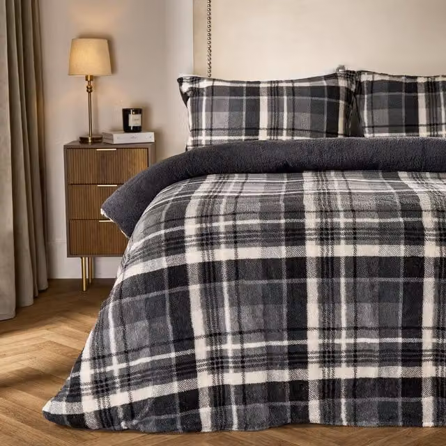 OHS Tartan Check Teddy Duvet Cover Set in Grey