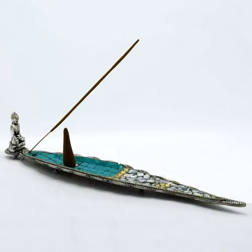 KDMD Buddha Long Leaf Tibetan Decor Incense Holder in Silver, Green or Turquoise