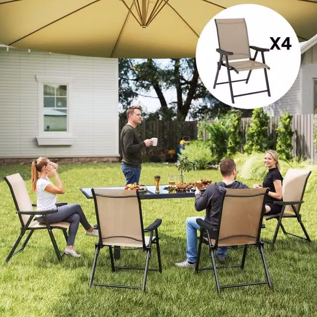 Outsunny 4-Piece Set of Modern Brown Folding Garden Chairs with Armrests and Textilene Fabric