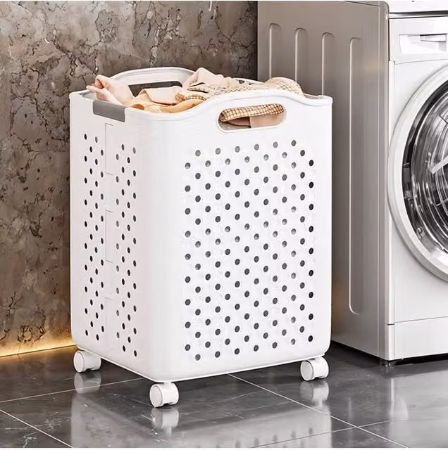 Living and Home Collapsible Laundry Basket with Wheels in White