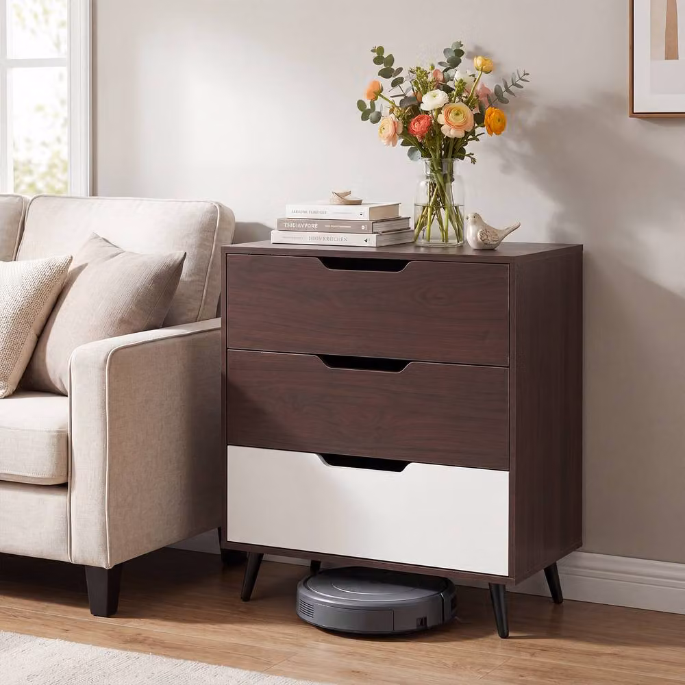 Gymax Modern 3-Drawer Wooden Dresser and Nightstand with Metal Legs in Brown – 4
