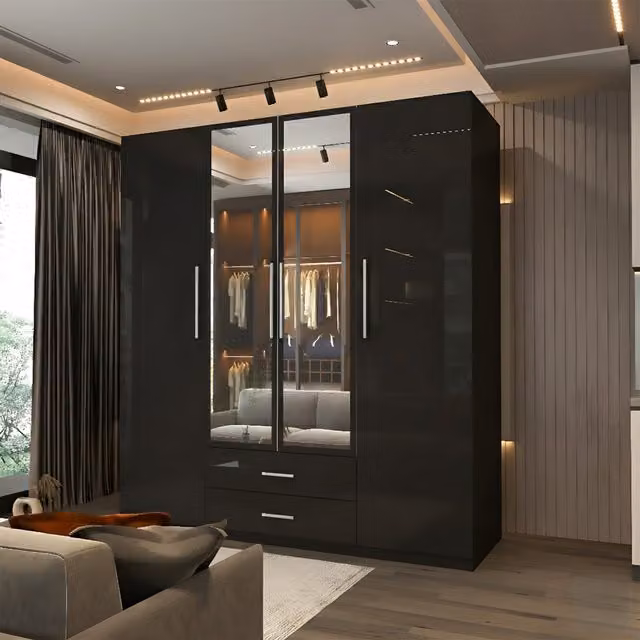 Sliding Wardrobes 4 u Modern Glossy Black Hinged Door Wardrobe with Mirror, Width: 160 cm