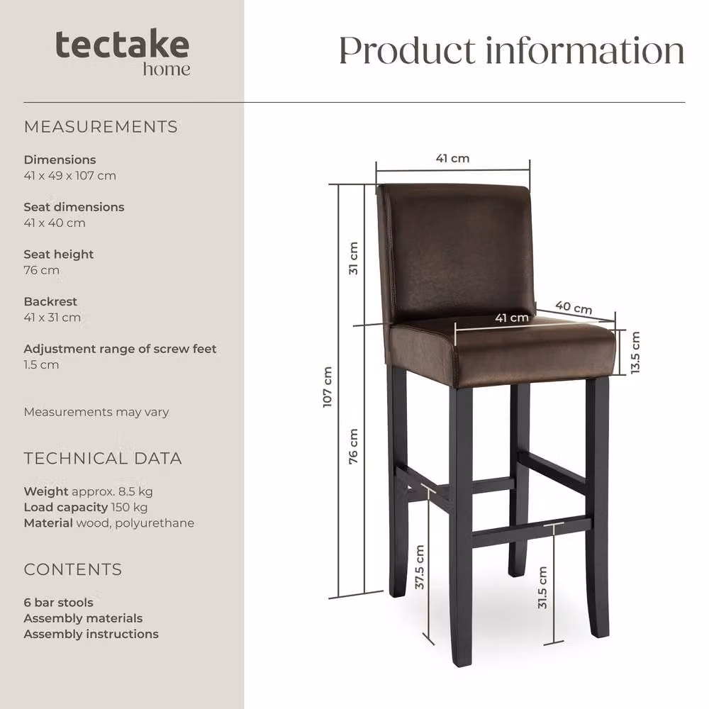 tectake Dover Modern Bar Stool Set of 6 in Brown and Black – 6