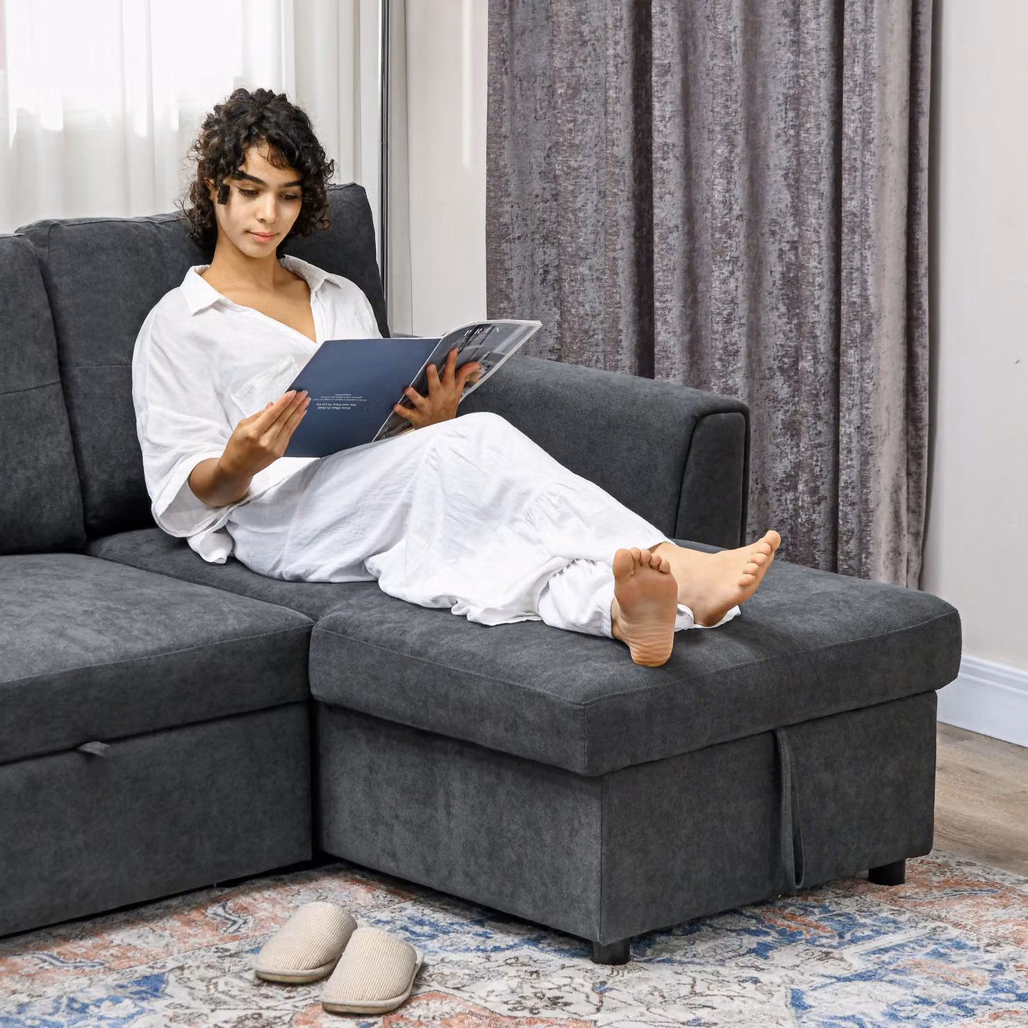 HOMCOM 3 Seater Corner Sofa Bed with Storage in Dark Grey – 7