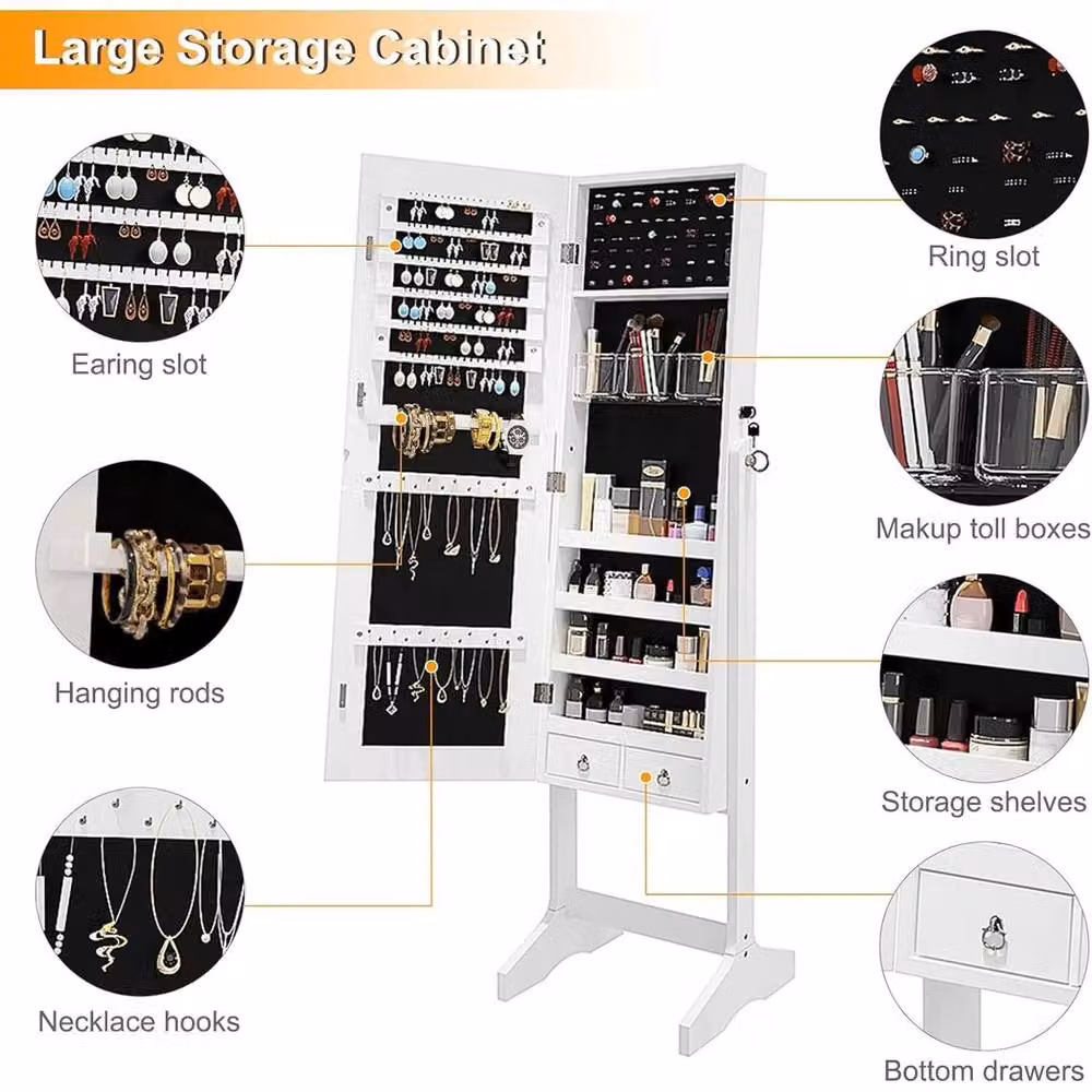 PAWNORA White Glossy Full Length Mirror Jewelry Cabinet with Internal Shelves – 4