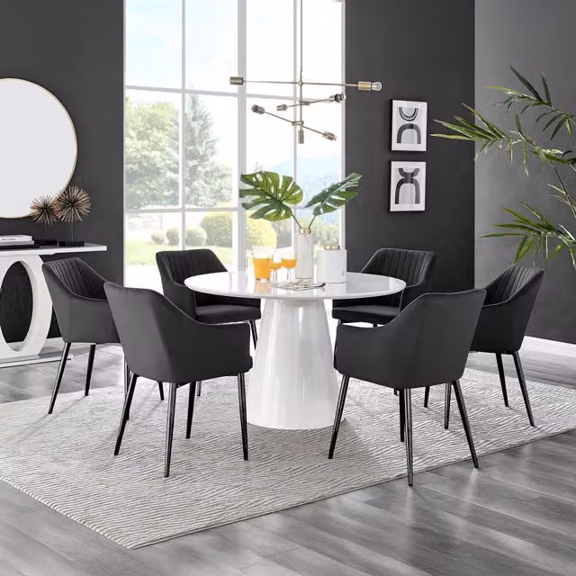 FurnitureboxUK Palma White High Gloss Round Dining Table and 6 Calla Black Leg Chairs