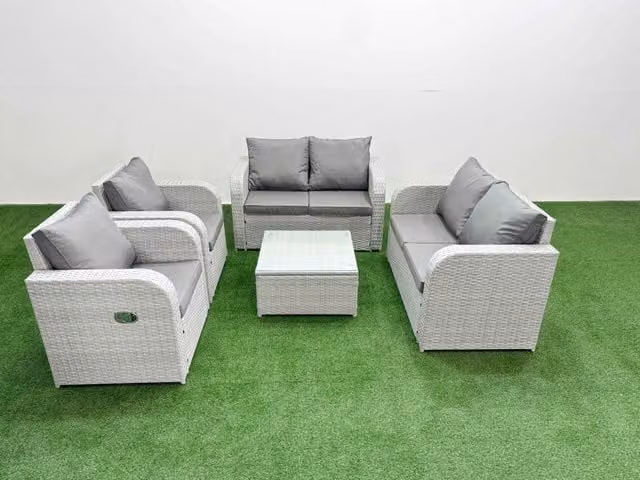 Fimous 6 Seater Rattan Garden Furniture Set with Reclining Chairs and Square Coffee Table in Light Grey