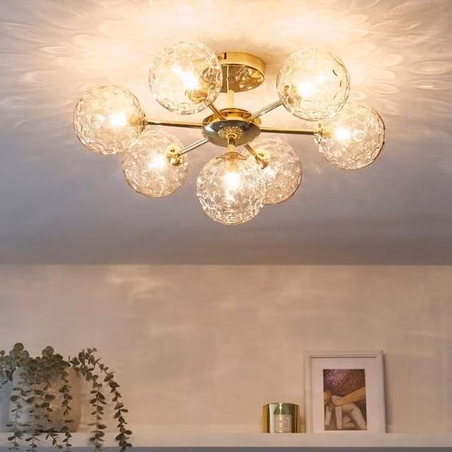 Wyld and Coco 7-Light LED Ceiling Fixture in Beige and Gold/Brass with Glass Spheres