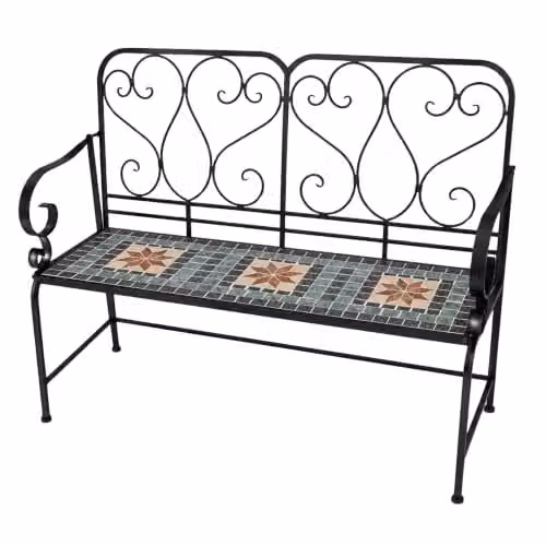 SHATCHI Marrakech 2 Seater Mosaic Garden Bench with Multicolour Geometric Ceramic Tile Seat and Lacquered Metal Frame, W: 112 cm, H: 96 cm, D: 47 cm – 1