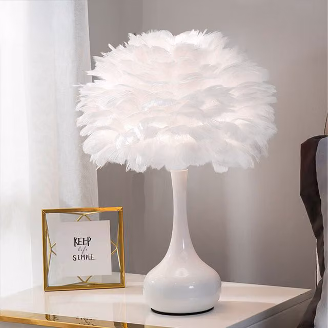 Komore White Ceramic Bedside Table Lamp with Feather Shade