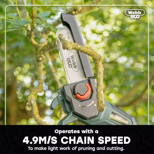 Webb Eco 20V Cordless Pruning Saw in Green with 15cm Bar, 3/8 Inch Chain Pitch, 2Ah Battery and Charger Included – 4