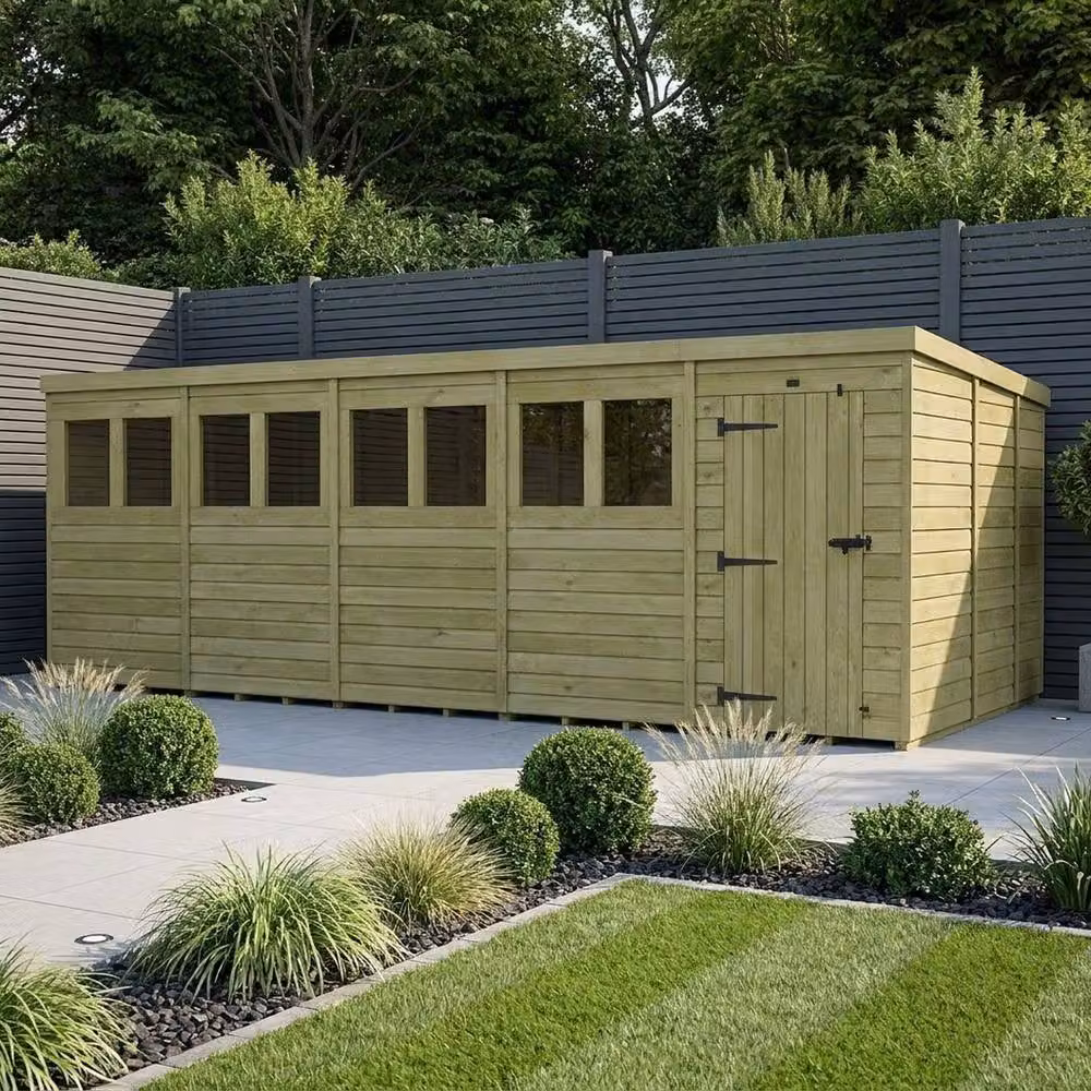 Buttercup Farm Pent Garden Shed with Single Door and Windows, Brown Timber – 2