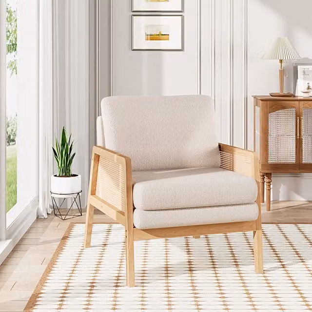 Livingandhome White Bouclé Upholstered Armchair with Solid Wood Frame and Rattan Details