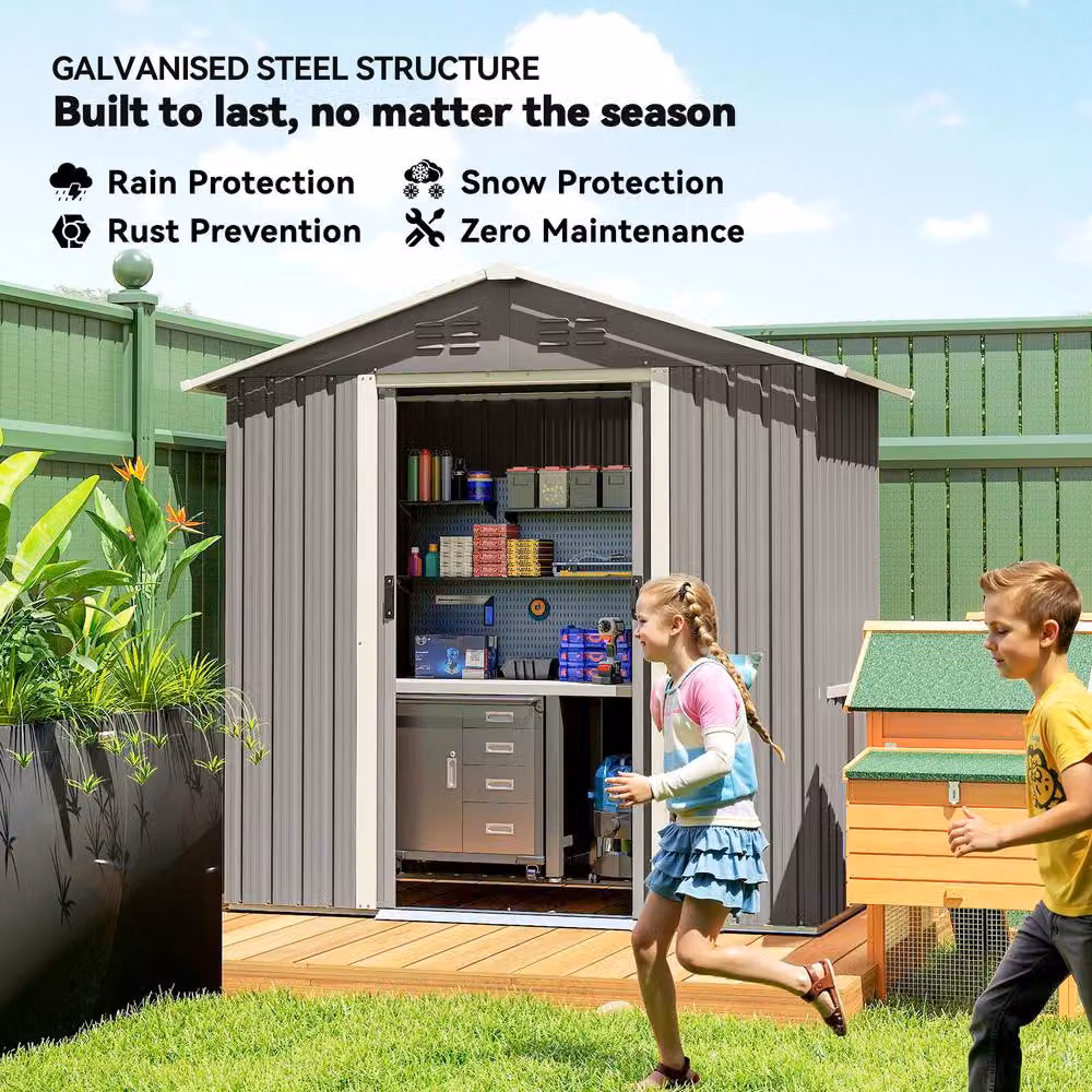 OUTSUNNY Galvanised Steel Metal Garden Shed with Sliding Doors and Side Vent, Light Grey – 3