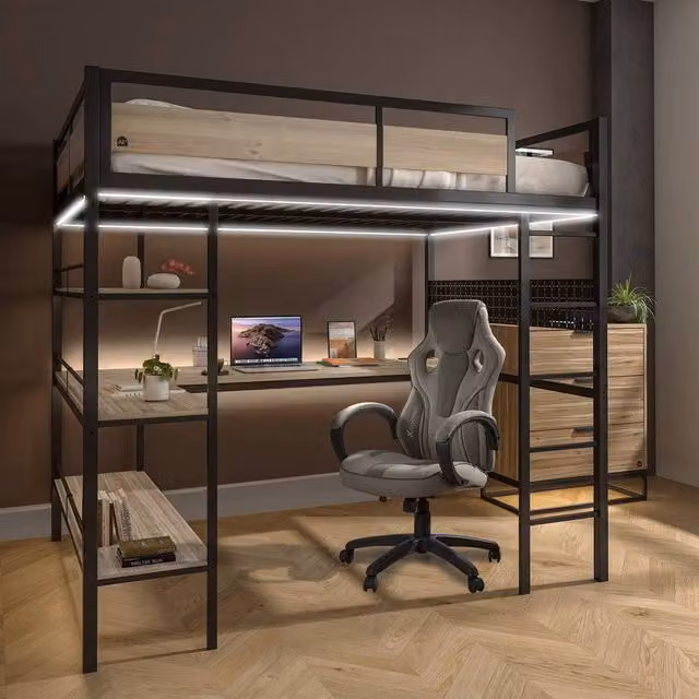 X Rocker Denver Single High Sleeper Bunk Bed with Under-Bed Lighting and Side Compartments in Oak and Black, W/D/H: 140 x 200 x 183 cm
