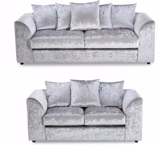 Snug Furniture Birmingham Ltd Venice Silver Crushed Velvet 3+2 Sofa Set with Scatter Cushions