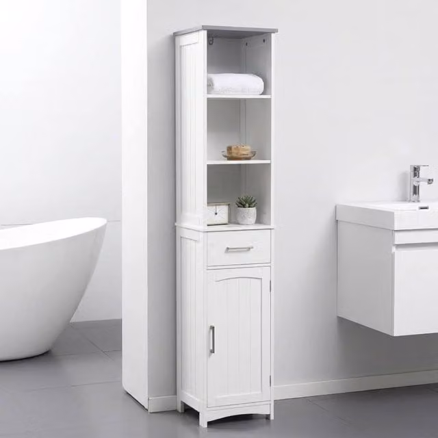 STILVORA Modern White Lacquered Freestanding Bathroom Storage Cabinet with Drawer and Cupboard – 1