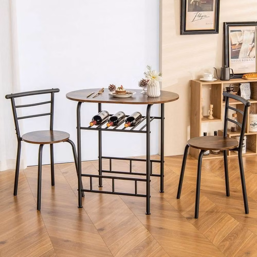 VOGREX 3-Piece Bar Table and 2 Chairs Set with Storage Shelf in Brown – 3