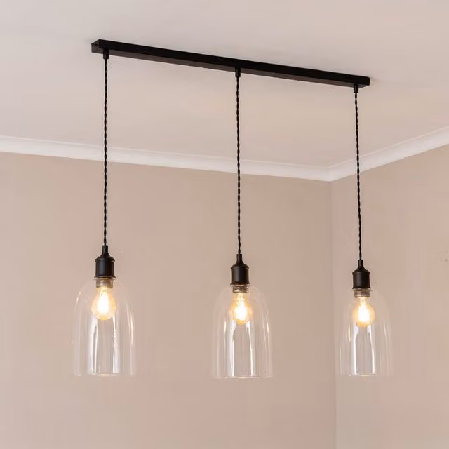 ValueLights Kira Glass Dome 3 Drop Bar Ceiling Pendant Light with LED Bulbs, Black