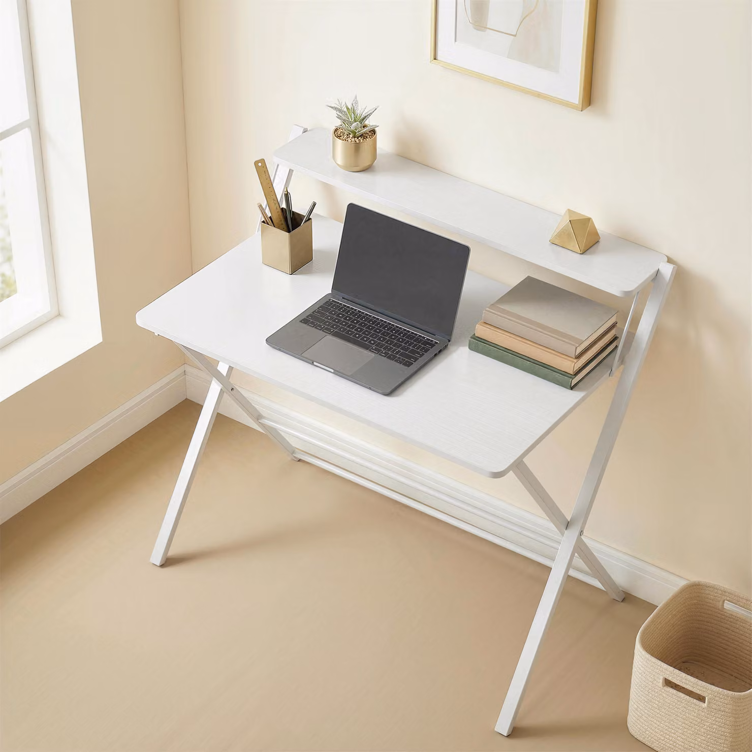 HOMCOM Compact Folding Computer Desk with Storage Shelf in White – 2