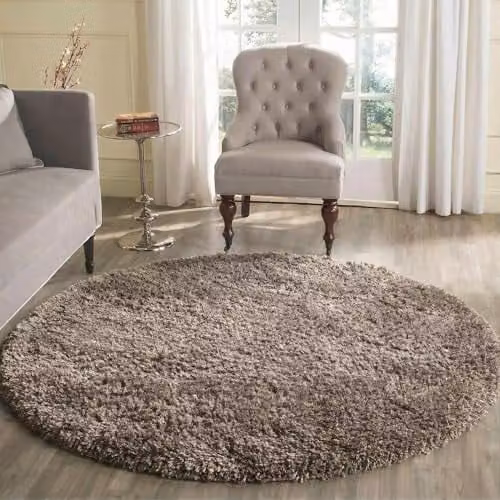 Serdim Rugs Round Plain Shaggy Living Room Rug, Beige, Diameter: 120 cm